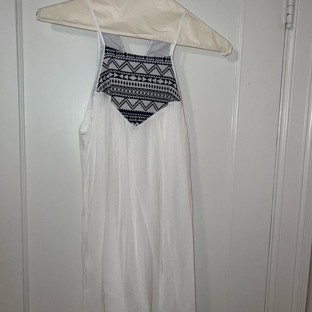 White a blue dress